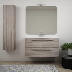 Mobile bagno 100 cm moderno sospeso curvo Larice modello Berlino con specchio filo lucido e colonna da 140 cm