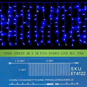 Tenda Luminosa Da Esterno IP65 3M X 1M Con 200 Luci Led Blu Con Connettore Prolungabile