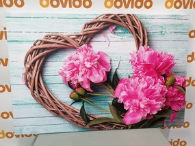 Stampa su tela – Peonie su cuore di legno