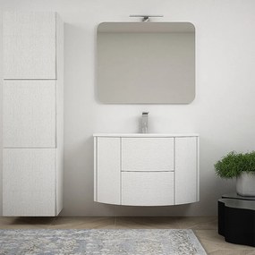 Composizione mobile da bagno Bianco frassino 90 cm sospeso bombato con specchio filo lucido e colonna da 170 cm