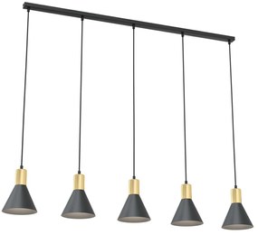 Lampadario 5 Luci Heimdall In Acciaio Nero E Paralumi Conici Nero E Oro