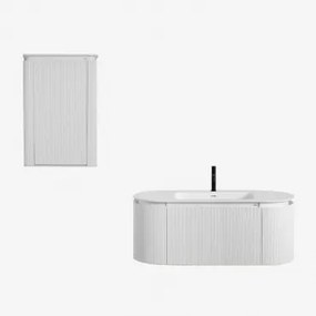 Set Mobili Da Bagno In Legno Carsone Con Lavabo Integrato Bianco & Bianco & Senza Specchio & Nero ↑20 Cm Con Valvola Di Scarico Con Troppopieno -