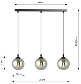 Sospensione Moderna 3 Luci Kali In Acciaio Nero E Sfere In Vetro Fumè