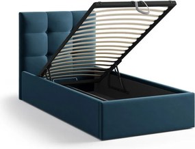 Letto singolo imbottito blu con contenitore con rete inclusa 90x200 cm Phaedra – Micadoni