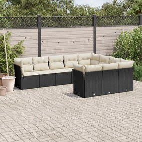 Set divani da giardino 10pz con cuscini in polyrattan nero