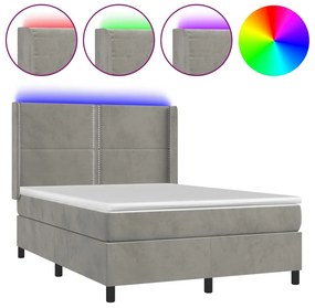 Letto a molle materasso e led grigio chiaro 140x200 cm velluto