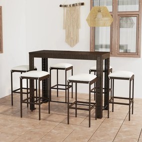 Set da bar da giardino 7 pz con cuscini in polyrattan marrone