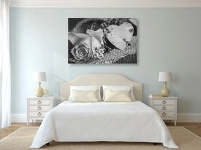 Quadro su tela – Rose e cuore in juta in bianco e nero
