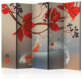 Paravento design Pesci Felici II - pesci nell'acqua e foglie rosse in stile Zen