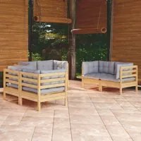 Set Divani da Giardino 6 pz con Cuscini Grigi Massello di Pino cod mxl 42077