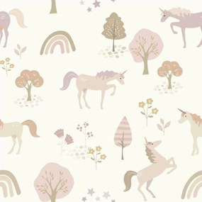 Carta da parati Unicorni beige. rosa, 53 cm x 10.05 m