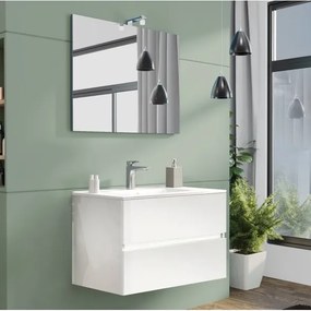 Mobile da bagno sospeso 80 cm con lavabo, specchio e led bianco lucido