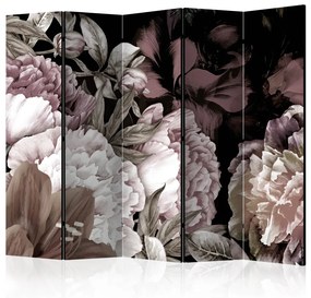 Paravento design Dolce sonno II (5 parti) - foglie e fiori colorati su sfondo nero