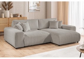 Divano angolare con penisola a destra grigio chiaro e rivestimento in velluto a coste allungabile e con contenitore Sarina – Ropez