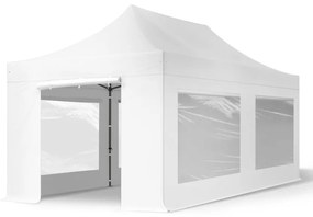 3x6 m gazebo pieghevole PVC ignifugo con laterali (finestre panoramiche), PREMIUM acciaio, bianco