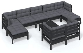 Set divani da giardino 10 pz con cuscini neri legno di pino
