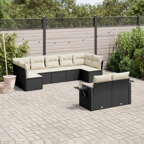 Set divani da giardino 9 pz con cuscini nero in polyrattan