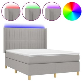 Letto a molle materasso e led grigio chiaro 140x190 cm tessuto