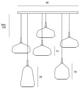 Lampada a sospensione x-ray  6 luci 2 vetri fume' - 2 vetri miele - 2 vetri cielo