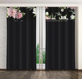Semplice tenda nera con stampa di peonie bianche e rosa Larghezza: 160 cm | Lunghezza: 250 cm