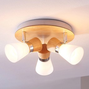 Plafoniera Lindby Vivica, Ø 26 cm, cromo, vetro, legno Vivica Lindby, dimmerabile, Legno chiaro, Soggiorno / Sala da pranzo, Legno, Scandinavo, Plafoniera