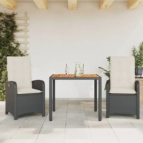 Set da Pranzo da Giardino 3 pz con Cuscini Nero in Polyrattan