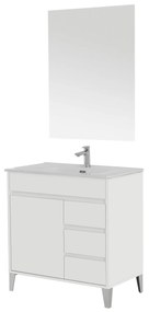 Mobile Bagno a Terra 80 Cm Un'Anta Tre Cassetti Specchio Feridras "Mondo 2.0" Bianco Opaco/Bianco Lucido