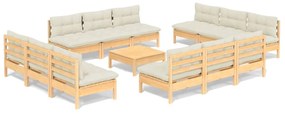 Set divani da giardino 13 pz con cuscini crema massello di pino