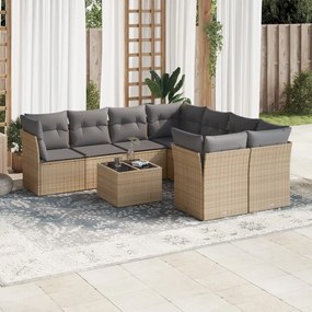 Set Divano da Giardino 9 pz con Cuscini Beige in Polyrattan