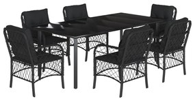 Set da pranzo da giardino 7 pz nero con cuscini in polyrattan