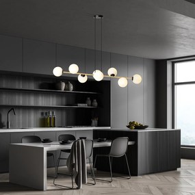 Sospensione Contemporanea Rhiannon 8 Luci In Acciaio Oro E Sfere In Vetro Bianco