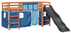 Letto a soppalco con tende bambini blu 90x200 cm massello pino