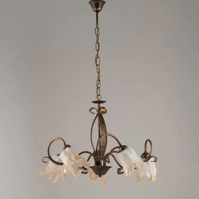 Lampadario in ferro laccato marrone con decorazione oro chiaro e ve...