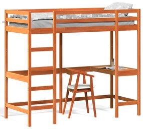 Letto Soppalco Con Scrivania Marrone Cera 75x190 Cm Legno Pino /