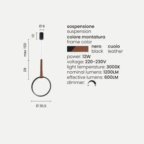 Lampada a sospensione Led REGOLI in metallo D30 cm con elemento in ecopelle CIRCLE