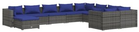 Set Divani da Giardino 10 pz con Cuscini in Polyrattan Grigio