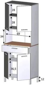 Armadio da cucina moderno in bianco e rovere con 4 ante e 1 cassetto