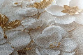 Quadro su tela – Fiori 3D con foglie dorate