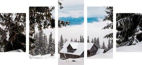 Quadri 5 pezzi – Casetta di legno tra pini innevati