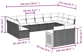 Set Divani da Giardino 12 pz con Cuscini Nero in Polyrattan