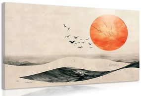 Stampa su tela – Japandi paesaggio con luna arancione