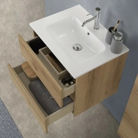 Mobile bagno sospeso 60cm in legno quercia naturale 2 cassettoni con lavabo e specchio Leda