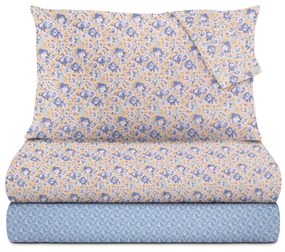 Completo letto matrimoniale cotone fiori blu Golden