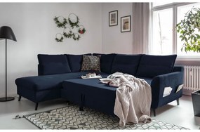 Divano letto angolare in velluto blu scuro L, angolo sinistro Stylish Stan - Miuform
