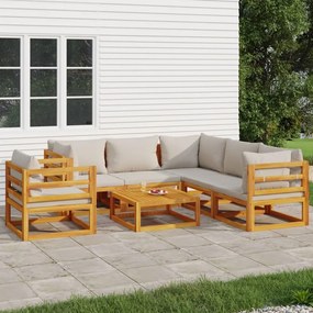 Set salotto giardino 7pz cuscini grigio chiaro legno massello