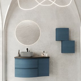 Mobile Bagno Sospeso Curvo 105 Cm Due Cassetti Un'Anta Specchio Tondo Con Illuminazione Led e Touch Diametro 80 Cm Savini Due "Dolce Vita" Grigio Scuro/Blu Petrolio