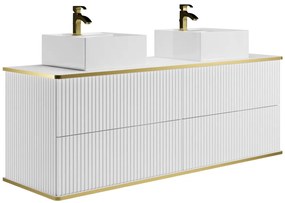 Mobile bagno sospeso scanalature profilo dorato doppio lavabo da appoggio quadrato 150 cm  Bianco - KELIZA