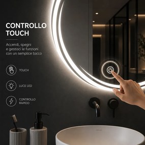 Specchio Rotondo Ø70cm con Spirale LED a 3 Colori Dimmerabile Accensione Touch...