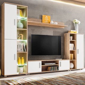 Parete Attrezzata Porta Tv Con Luci Led Rovere Sonoma E Bianco /