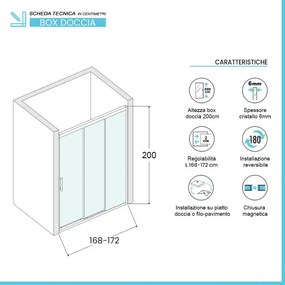 Porta doccia nicchia 170 cm scorrevole 3 ante trasparenti H 200 cm Ted